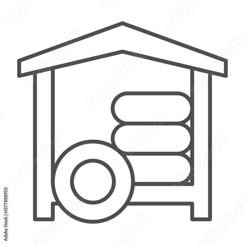 Car wheel waste house thin line icon, tires fitting concept. Vector graphics. Small storage for used tire, car service sign on white background, outline style icon for mobile or web design.
