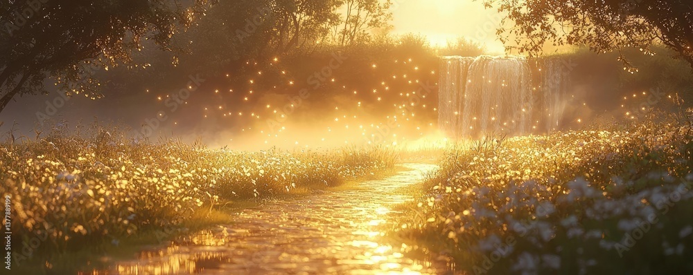 Fototapeta premium Waterfall sunset enchanting glow over illuminated meadow in dusk concept. Serene landscape with a glowing sunset over a tranquil stream.