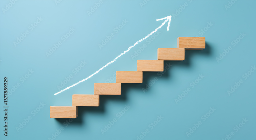 Obraz premium Wooden Blocks Arranged as Stairs with Upward Arrow on Blue Background Representing Growth and Success