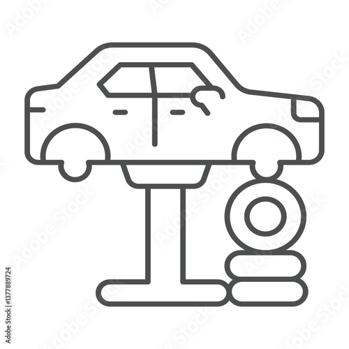 Car vehicle on lift with tires thin line icon, car service concept. Vector graphics. Lift with automobile, chassis repair sign on white background, outline style icon for mobile or web design.