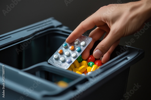 Medicine Disposal in Trash Bin. Close-up of a hand disposing medicine into a trash bin, highlighting healthcare waste management.
