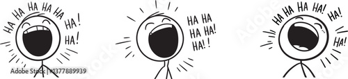Hand-Drawn Stick Figure Laughing Out Loud – Cartoon Doodle Characters Expressing Joy and Laughter in Black and White Vector Illustration