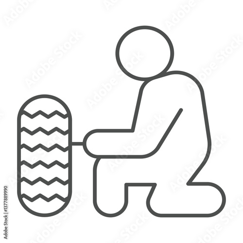 Auto mechanic with car wheel thin line icon, tires fitting concept. Vector graphics. Man changing tire, car service sign on white background, outline style icon for mobile or web design.
