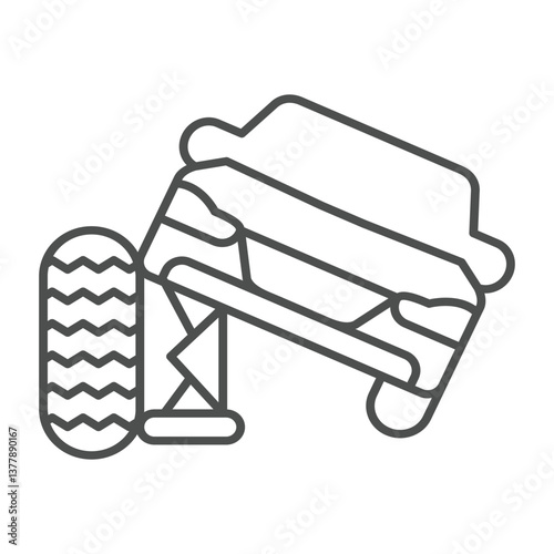 Car vehicle with foldable jack and wheel thin line icon, tires fitting concept. Vector graphics. Spare tire mounting sign on white background, outline style icon for mobile or web design.