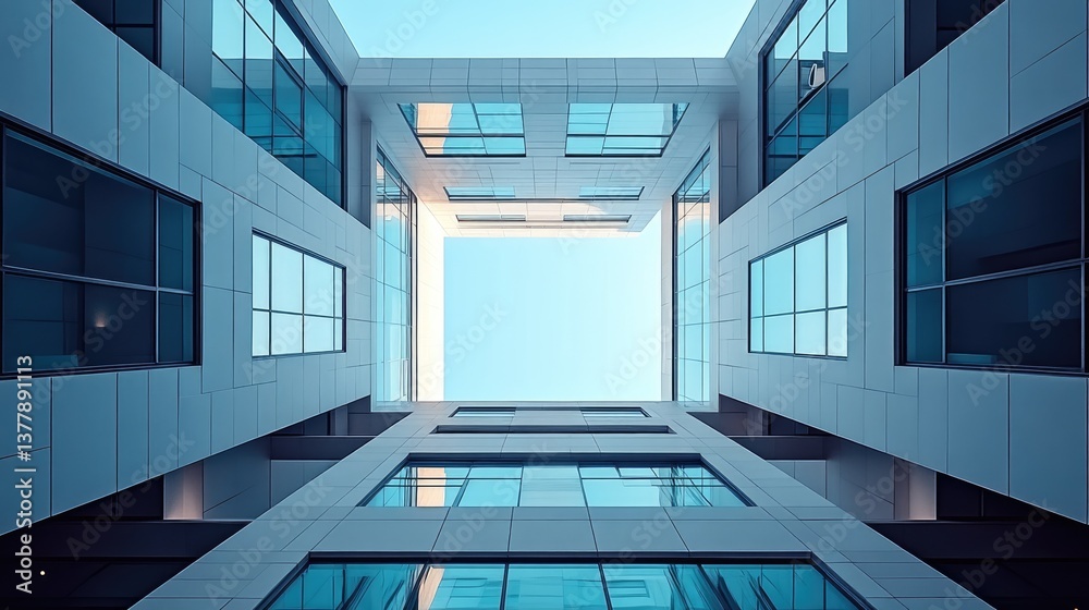 Obraz premium Upward shot of building atrium. Clear skies. Glass reflects light. Geometric symmetry