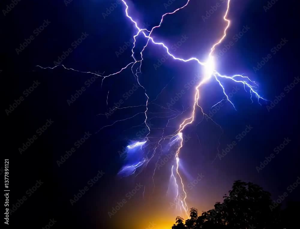 A spectacular flash of lightning illuminates the dark blue night sky and tree branches. lightning creates zigzag patterns against the background of twilight, where silhouettes of trees are visible