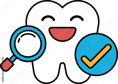 A tooth with a magnifying glass on it and a smiley face