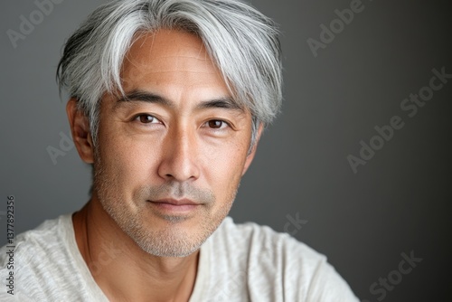 Middle-aged man with silver hair sitting against a neutral background, showcasing a calm and confident expression while looking directly at the camera