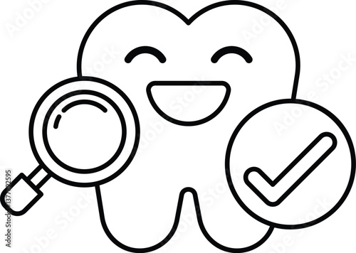 tooth with a magnifying glass on it and a smiley face