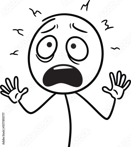 Scared Stick Figure Cartoon – Hand-Drawn Black and White Vector Illustration of a Panicked, Shocked, or Anxious Character