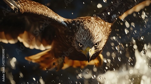 Bird of prey hunting over a shimmering lake