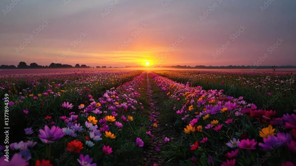 Obraz premium Blooming wildflower sunset reflection on misty pathway with vivid silhouette concept. Vibrant flower field at sunset with colorful blossoms and sky.