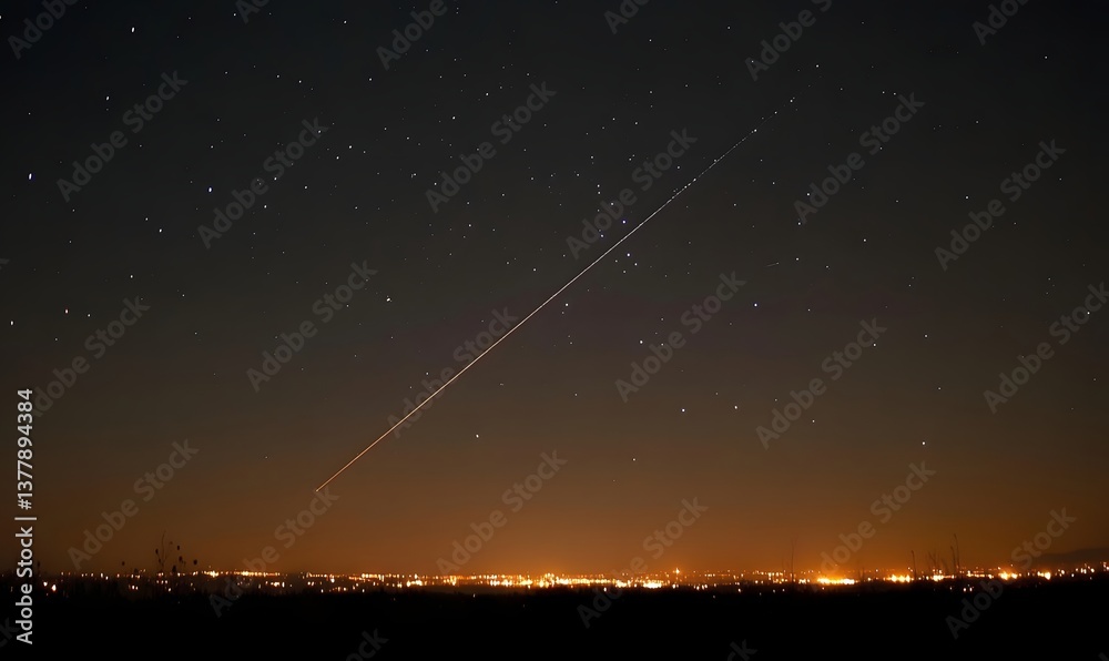 A long exposure shot of a starlink satellite moving across the night sky over a distant city lights A long exposure shot of a starlink satellite moving across the night sky over a distant city lights