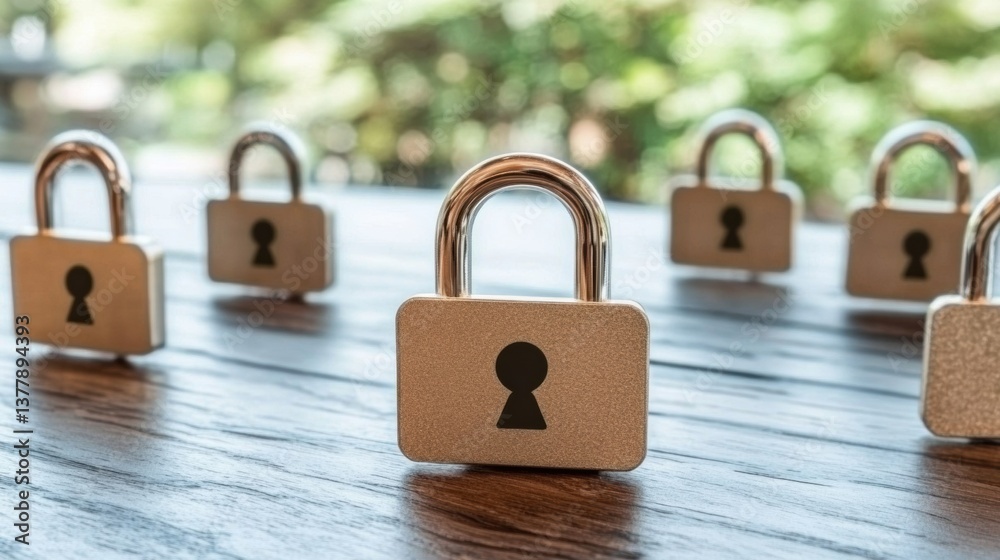 Naklejka premium Multiple Silver Padlocks on Brown Wooden Surface, Security Concept