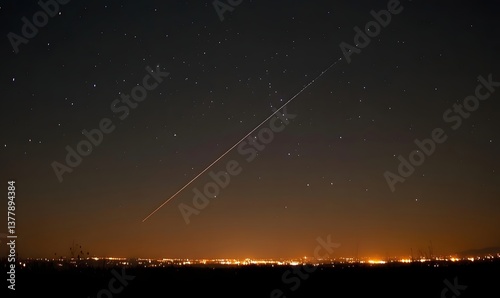A long exposure shot of a starlink satellite moving across the night sky over a distant city lights