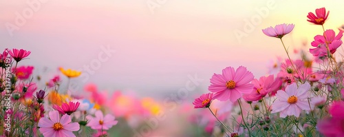 Blooming wildflower sunset reflection on misty pathway with vivid silhouette concept. Beautiful blooming flowers in a serene landscape at sunset.