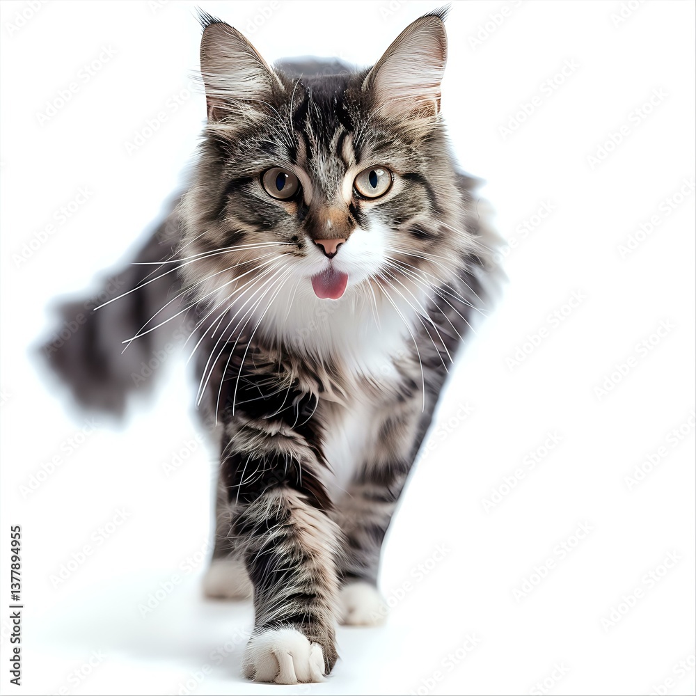 Obraz premium Playful Maine Coon cat with tongue out walking forward on white background, long fluffy fur and distinctive markings, isolated for design and advertising use.