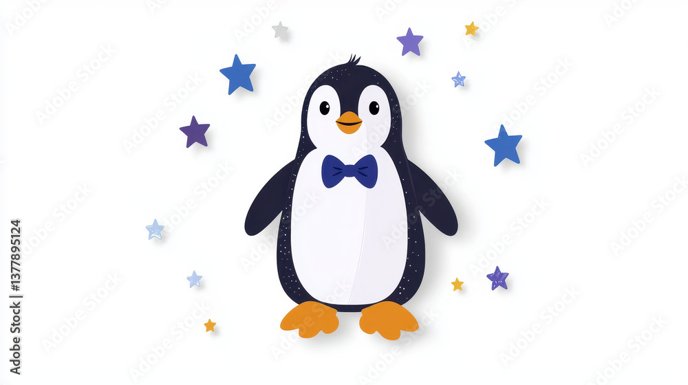 Naklejka premium Cute penguin character with bow tie surrounded by colorful stars, perfect for children designs and playful themes