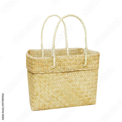 Bag made from reed isolated on white background. reed handbag