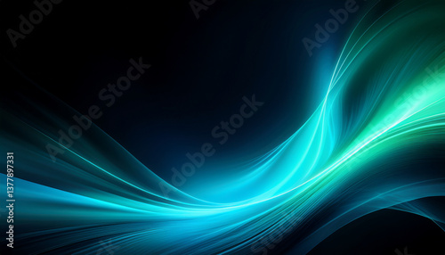 Abstract Ultramarine blue-Emerald green color light ultraviolet gradient radiance soft texture on dark black abstract background. Neon blur glow. Color light overlay. Copy space.