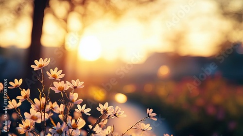 Blooming wildflower sunset reflection on misty pathway with vivid silhouette concept. Beautiful flowers glowing in sunlight during golden hour.