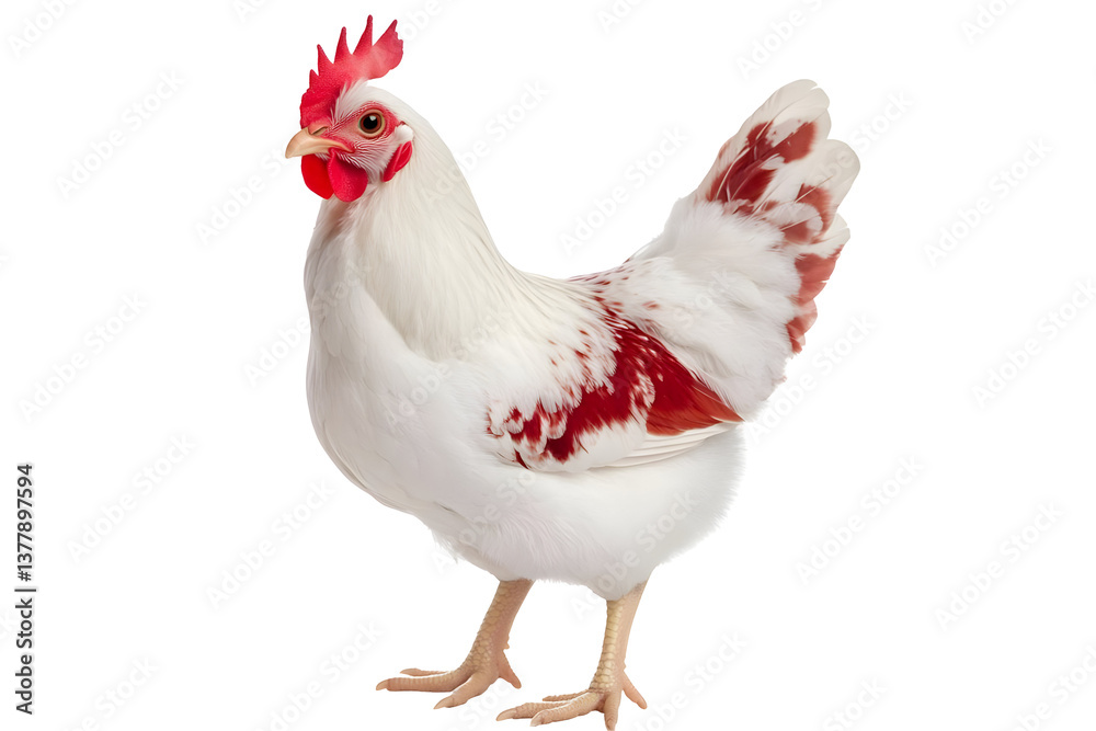 Fototapeta premium Isolated Poultry Photo Of A White Chicken With Red Markings On Transparent Background