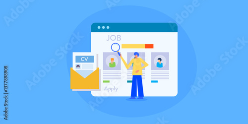 Apply for online job interview by sending CV to business HR department. Man with magnifying glass searching job on online portal.