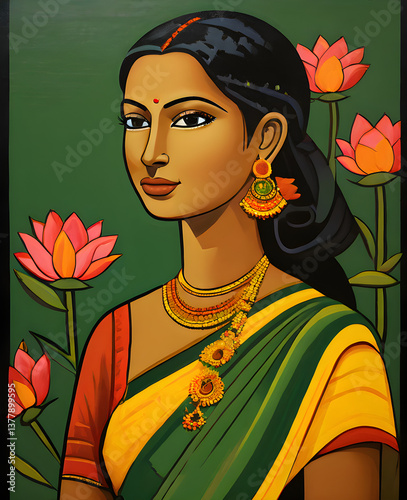 Indian woman in saree, Abstract art, woman with flowers, illustration of a woman,  vector illustration of a woman
