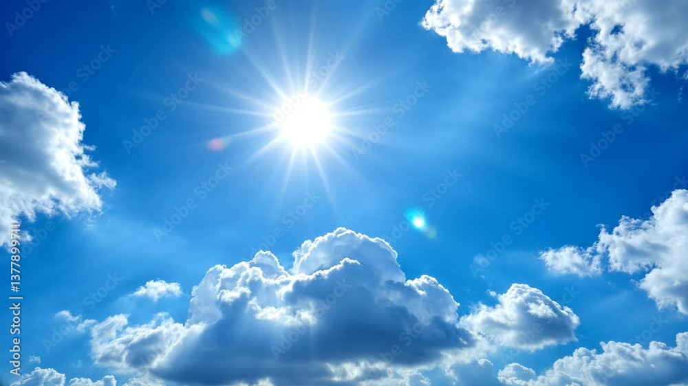 Low angle timelapse bright sun on blue summer sky with moving fluffy clouds, sun shining sunbeams, white cumulus clouds on sunshine day. Time-lapse, sun rays daylight, sunny cloudscape