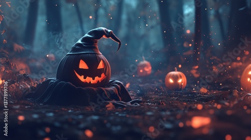 Halloween pumpkin head with witch hat in a dark forest.