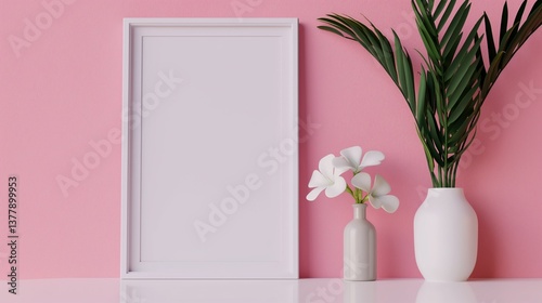 Minimalist blank picture frame mockup with floral decor. White flowers vase, green palm plant, pictureframe template advertising image. Mock up branding product, marketing material
