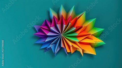 Colorful Origami Star Design on Teal Background Creates a Playful Mood