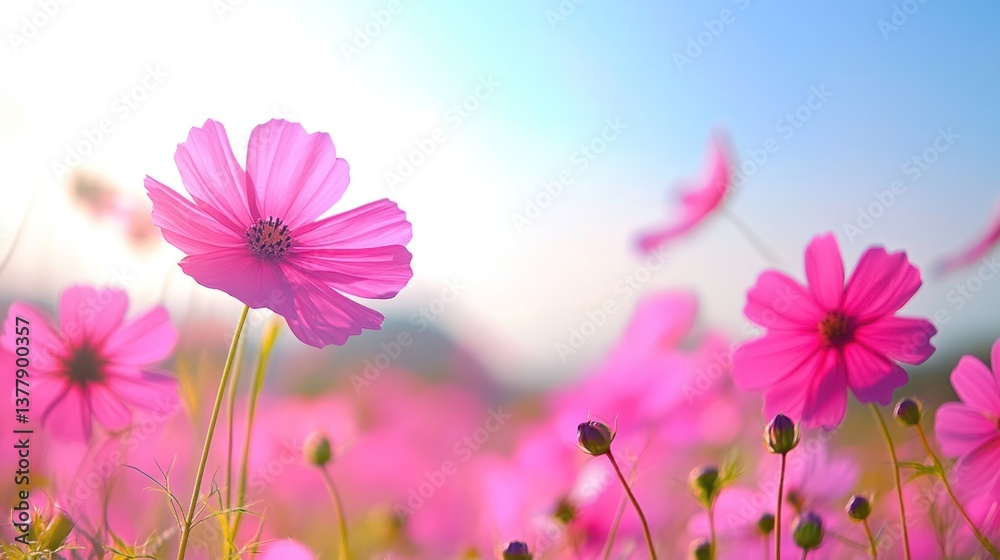 Fototapeta premium Serene Pink Cosmos Field at Dawn