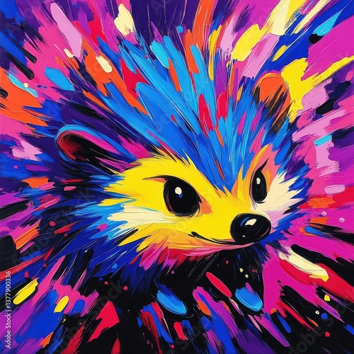 Abstract Expressionism style hedgehog rendered with bold, dynamic strokes and vivid, expressive colors, capturing its energy.