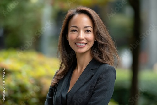 Professional woman smiling confidently outdoors in a city park during daylight