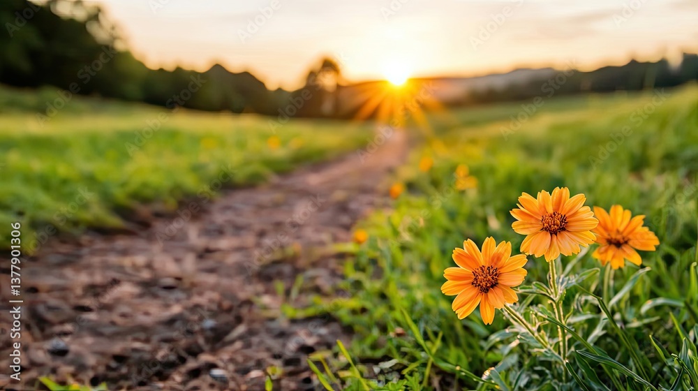 Obraz premium Blooming wildflower sunset reflection on misty pathway with vivid silhouette concept. Vibrant orange flowers blooming in a tranquil field at sunset.