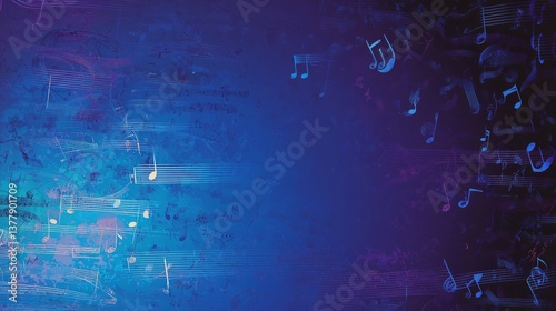 A blue background with musical notes scattered throughout. Blue background with musical notes and symbols, musical theme for design. Vector illustration of music concept.