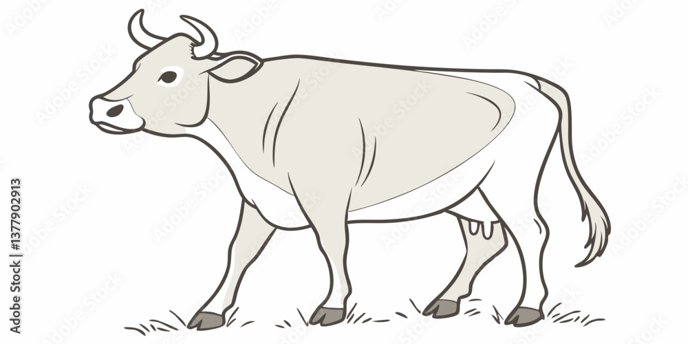 Fototapeta premium EID UL ADHA MINIMALISTIC VECTOR ILLUSTRATION OF A COW STANDING STRAIGHT , WHITE & SILVER COLOR LINE ART PNG