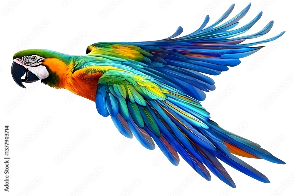 Fototapeta premium Realistic Illustration Of A Flying Colorful Parrot On Transparent Background