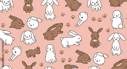 Adorable Bunnies Pastel Pink Seamless Pattern AI Generated