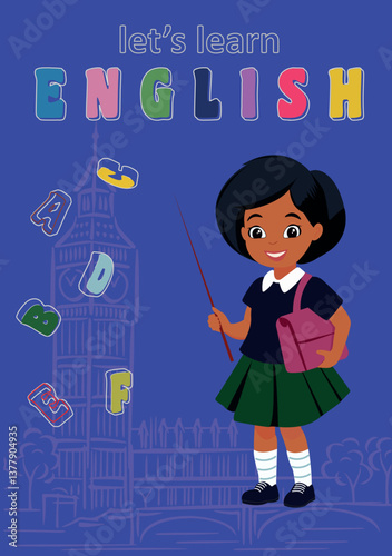 Fun, engaging educational poster, book cover for kids. A cheerful girl with a pointer stands before tower, surrounded by colorful letters. Perfect for books, classrooms, and learning materials