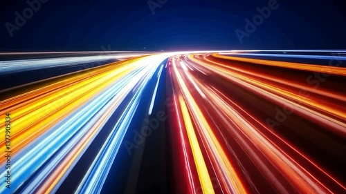 Night highway light trails, speed, motion blur, city background, transport