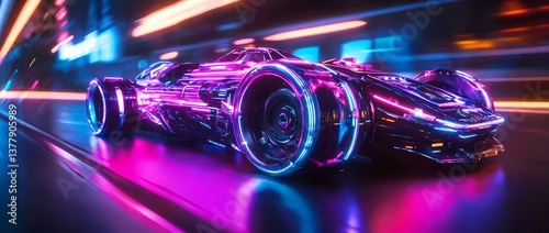 Futuristic sports car engulfed in vibrant neon flames, glowing with iridescent light. A dynamic, abstract digital masterpiece with a striking, colorful composition.
