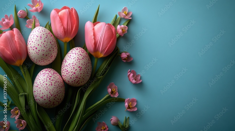 Spring fling vibe with playful eggs and pink tulips on a pastel blue backdrop, featuring an empty circle for text and capturing the essence of the season Spring fling vibe with playful eggs and pink tulips on a pastel blue backdrop, featuring an empty circle for text and capturing the essence of the season