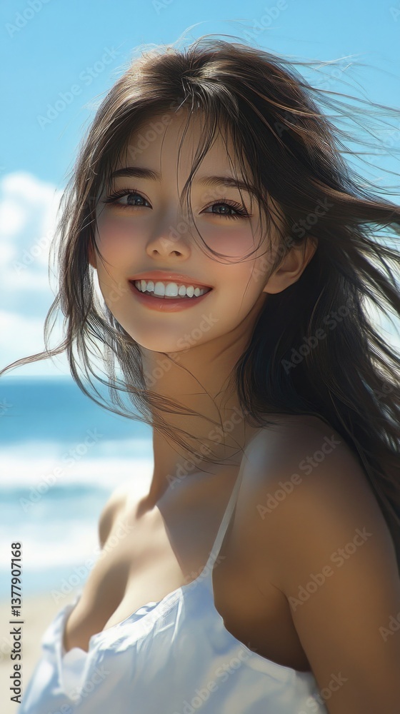 Young woman smiles joyfully at the beach under bright blue skies while wind gently blows her hair Young woman smiles joyfully at the beach under bright blue skies while wind gently blows her hair