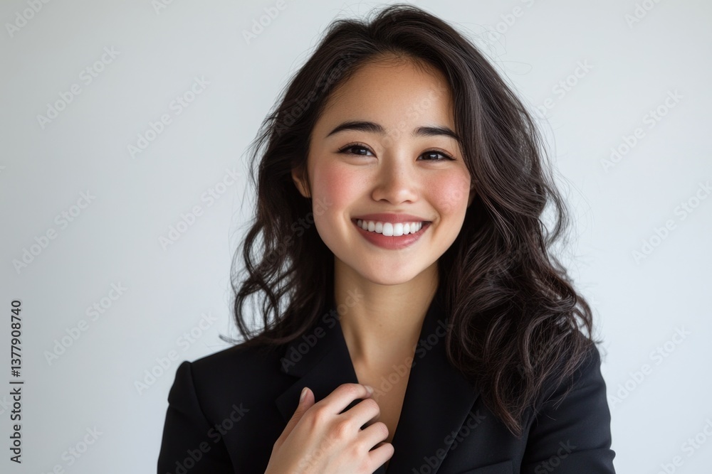 Smiling woman in a black blazer poses confidently against a neutral background in a bright setting Smiling woman in a black blazer poses confidently against a neutral background in a bright setting