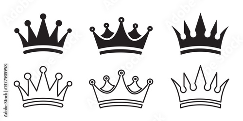 Set of three vector black silhouettes of crowns isolated on a white background. EPS 10.