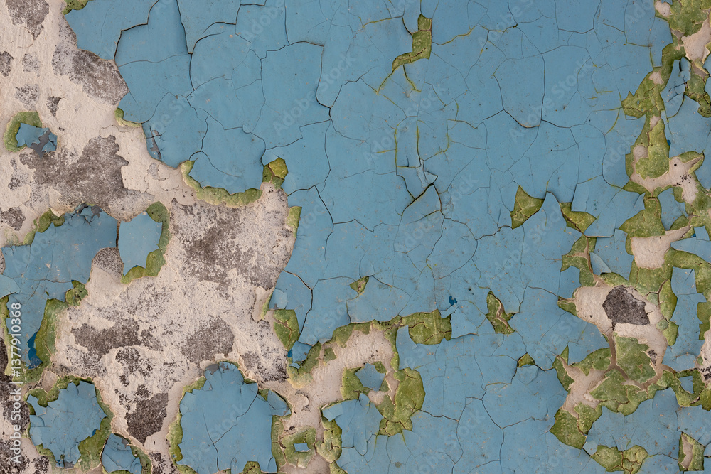 Blue peeling paint on the wall. Old concrete wall with cracked flaking paint. Weathered rough painted surface with patterns of cracks and peeling. High resolution texture for background and design.
