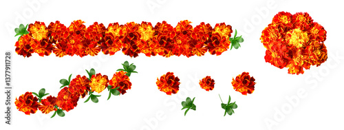 Marigold Diwali. Indian flower door garland of leaves and marigold flowers. marriage, festivals traditional. isolated garlands of flowers. Set