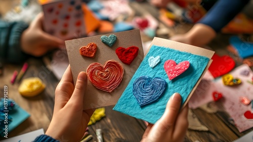 Friends making handmade Valentine cards to give to those they care about